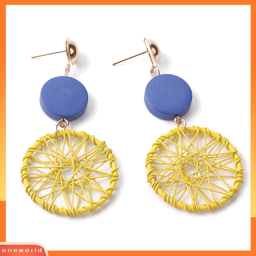 [WONE] Vintage Wanita Kayu Bulat Dreamcatcher Statement Stud Earrings Perhiasan Hadiah