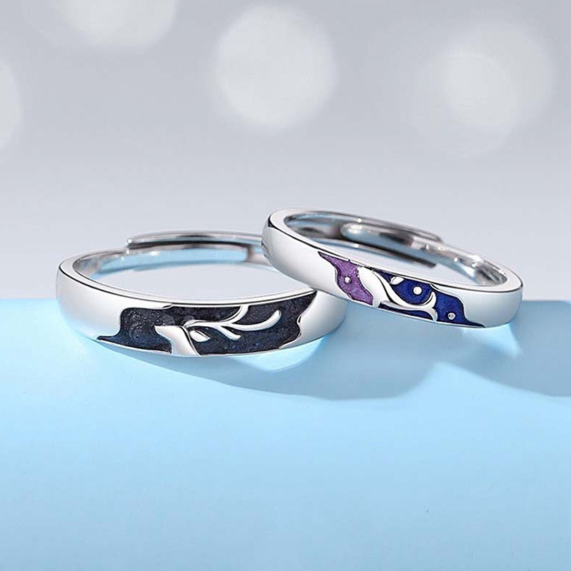 Fancyqube 2 Pcs Fashion Zirkon Pasangan Cincin Set Perak Berlapis Gunung Laut Matahari Bulan Cincin Terbuka Yang Dapat Disesuaikan Untuk Pria Wanita Pernikahan Perhiasan Minimalis