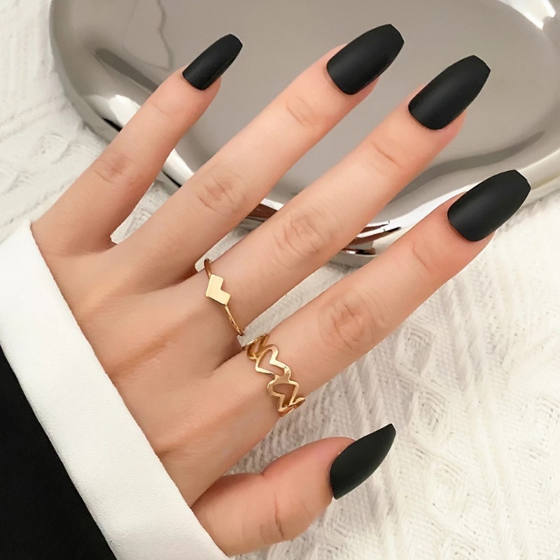 2pcs Set Cincin Couple Warna Hitam Emas/Wanita Perempuan Berbentuk Hati Cincin Terbuka Wanita