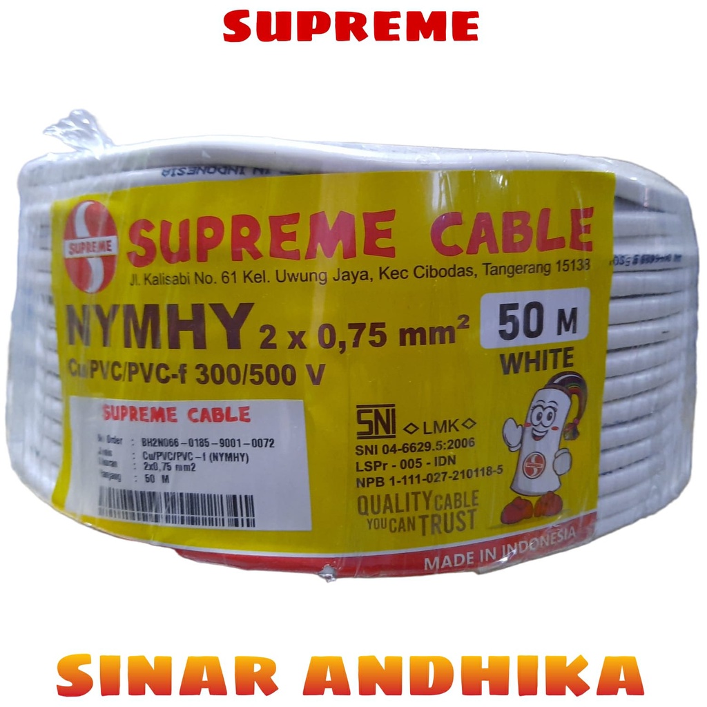 KABEL SUPREME NYMHY 2 X 0.75 MM PER ROLL SERABUT TEMBAGA ISI 2