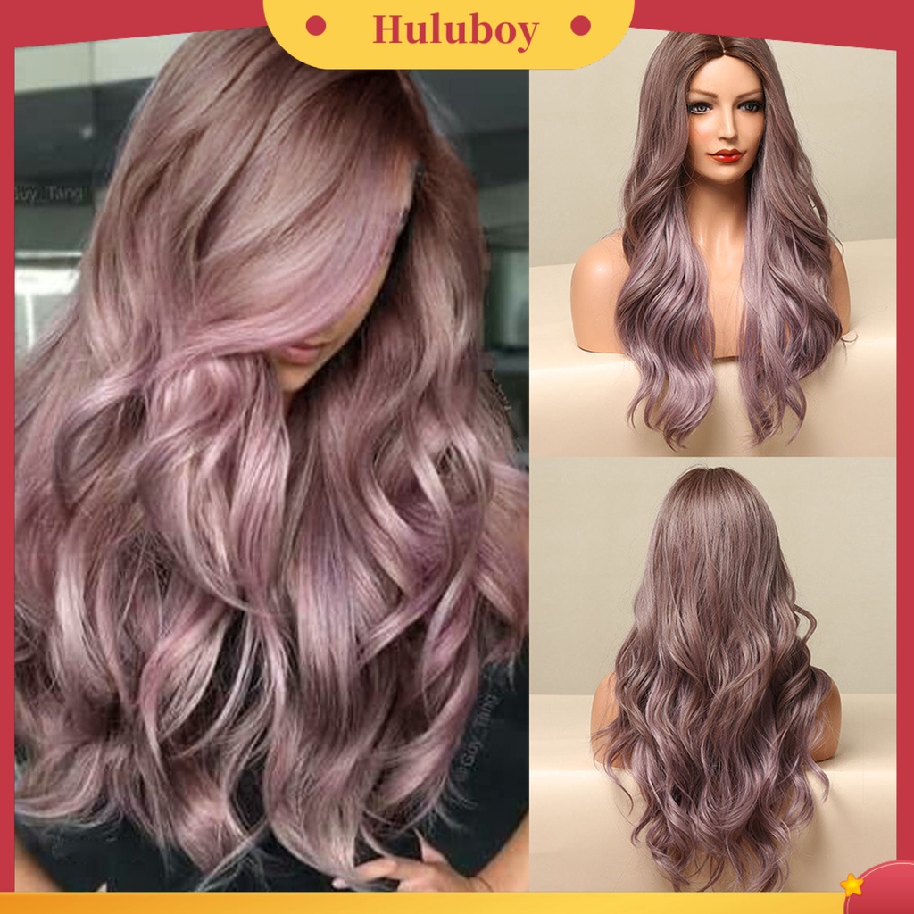 Wig Cosplay Model Panjang Gelombang Warna Gradasi Ungu Ombre Campuran Dengan Lengan Mesh Untuk Wanita