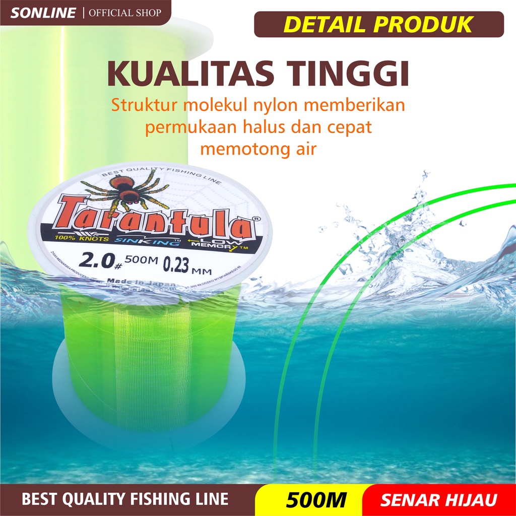 SONLINE Tali Pancing 500m Senar Pancing Tarantula Warna Hijau Fishing Line Senar Kuat &amp; Tahan Bahan Nilon Impor