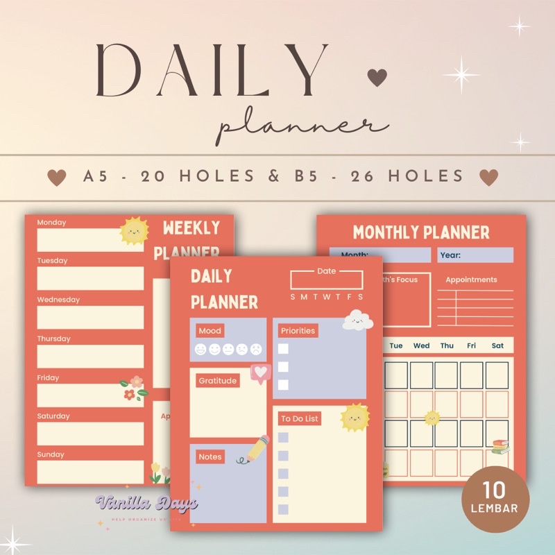 

[] Daily Planner Agenda Memo Notes Monthly Weekly Check List Kertas Refill Isian Binder Bullet Journal Bujo Loose Leaf Diary A5 B5 Fillable Catatan Harian Mingguan Bulanan Printable Goals Student Pelajar Produktif Productive Jadwal Editable Undated