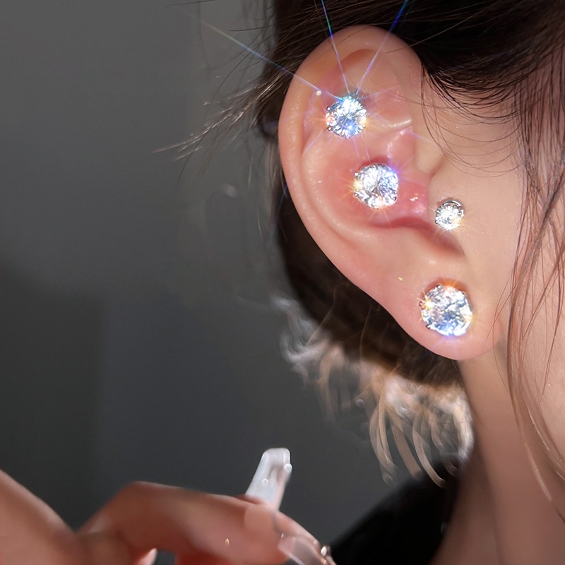 Anting Kristal Zirkon Magnetik Anting Non Piercing Silver Stud Earring Wanita Perhiasan Aksesoris Mudah Dipakai Klip Telinga