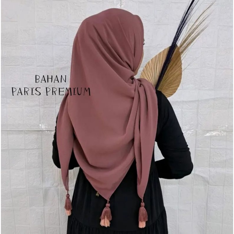 Hijab Paris Jambul Tassel Mutiara premium / Segi Empat Paris Pompom / Jilbab Paris Polos Original Ja