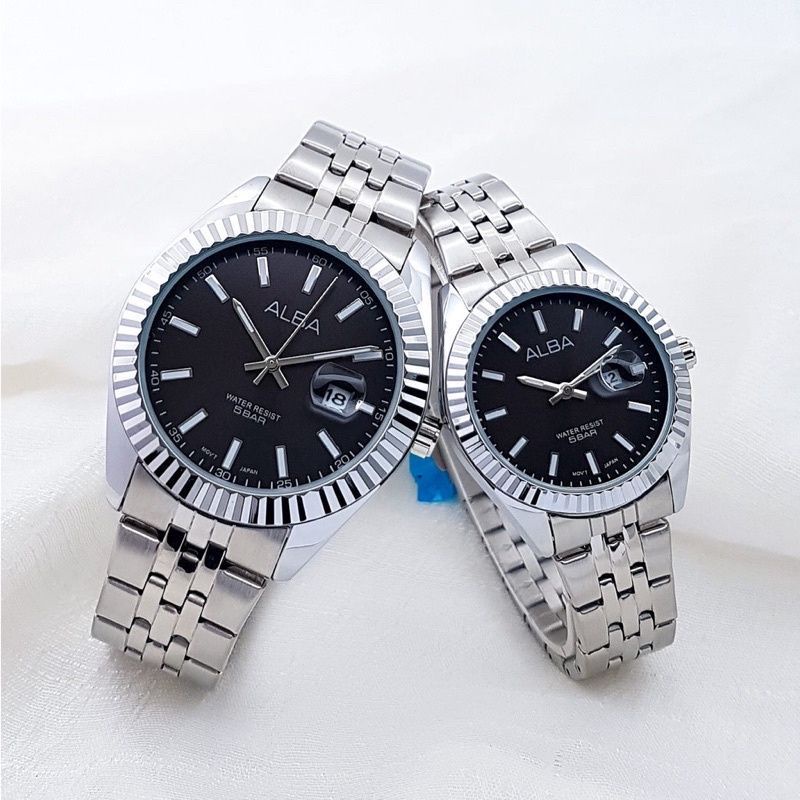 COD JamBest Seller! Jam Tangan Couple / Pasangan Alba Stainless Steel 9293HL Tanggal Aktif Free Box