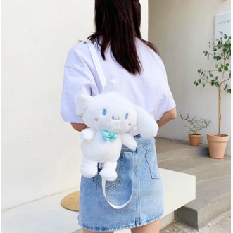 Tas ransel bulu Kawaii My Melody Cinnamoroll Sanrio Boneka Lucu Kartun Mewah Ransel Anime Mainan Lembut untuk Anak Perempuan