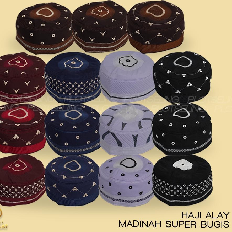 (♥C6369]  MADINAH SUPER BUGIS Peci Kopiah Haji Motif Bordir Al Madinah Lokal Biru Coklat Merah Maroo
