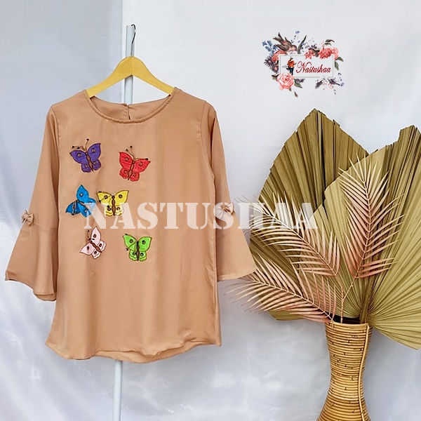 Baju Atasan Wanita Blouse Butterfly Lengan Terompet 7/8 Cantik Warna Polos Bordir Asli Motif Kupu-Kupu Top Wanita Dewasa