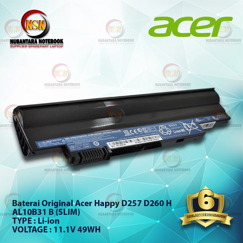 Baterai Original Acer AL10B31 For Laptop D255 D260 AO522 Black