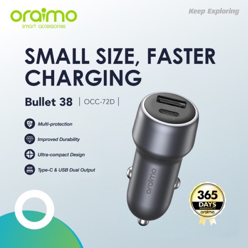 Oraimo Bullet 38 Faster Charging Car Charger Dual Ports - OCC-72D