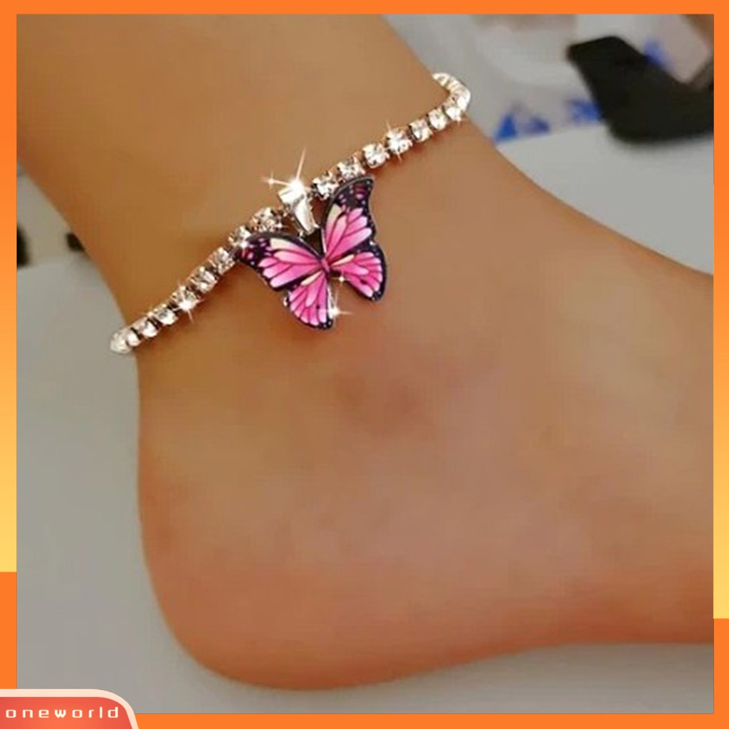[WONE] Wanita Gelang Kaki Kupu-Kupu Liontin Berwarna Berlian Imitasi Perhiasan Penyesuaian Berkilau Rantai Kaki Beachwear