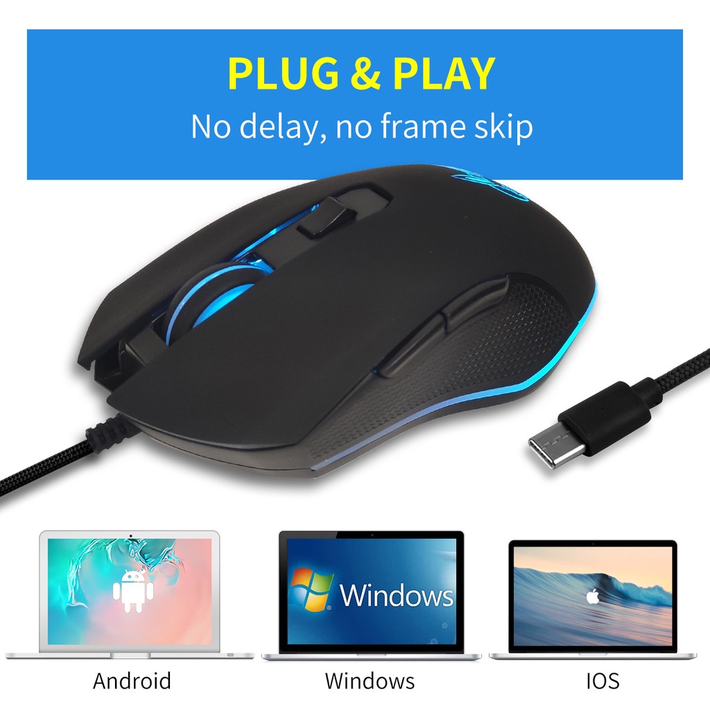 Usb-c/usb Mouse Kabel Mute Warna-Warni Luminous Mouse Gaming Mouse DPI Adjustable 800-1200-1600-2400 Untuk PC Laptop