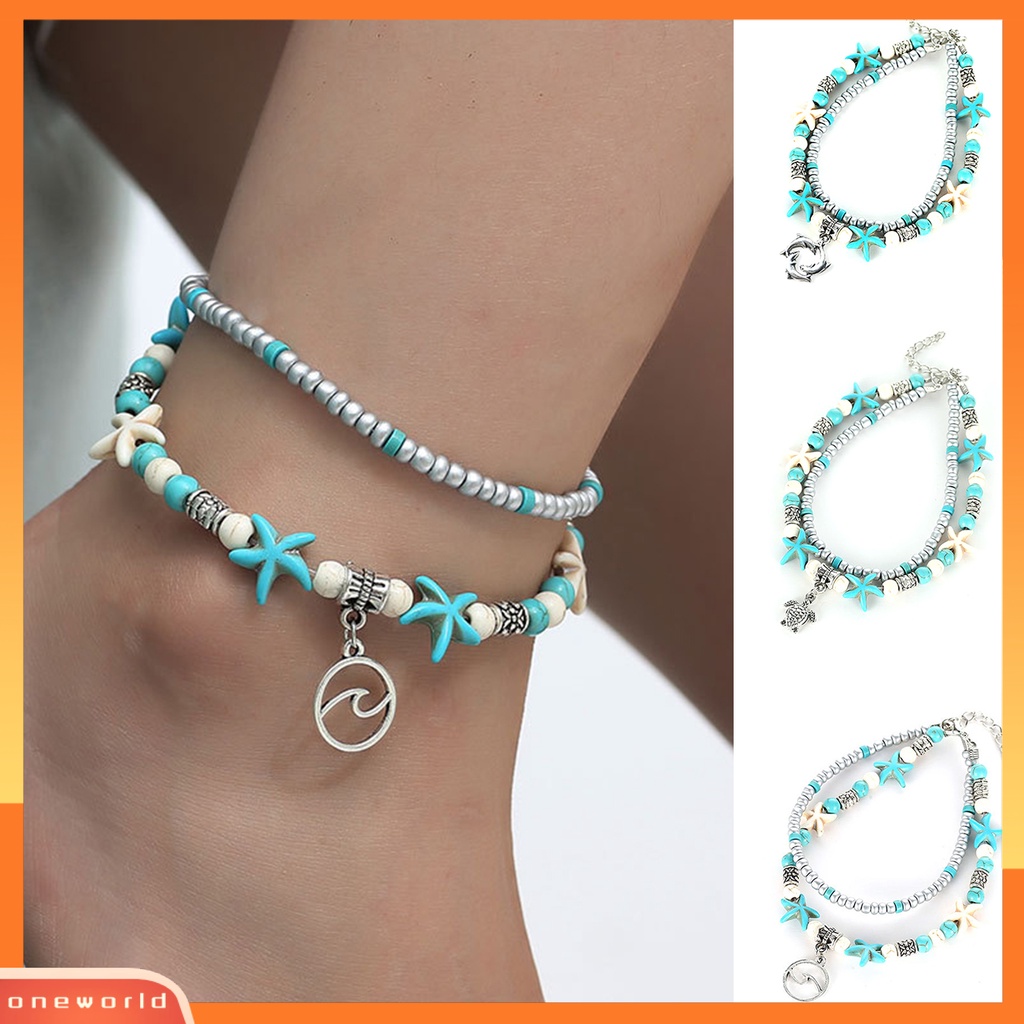 [WONE] Bintang Laut Double Layer Wanita Gelang Kaki Alloy Bohemia Beads Adjustable Foot Rantai Hawaii Perhiasan