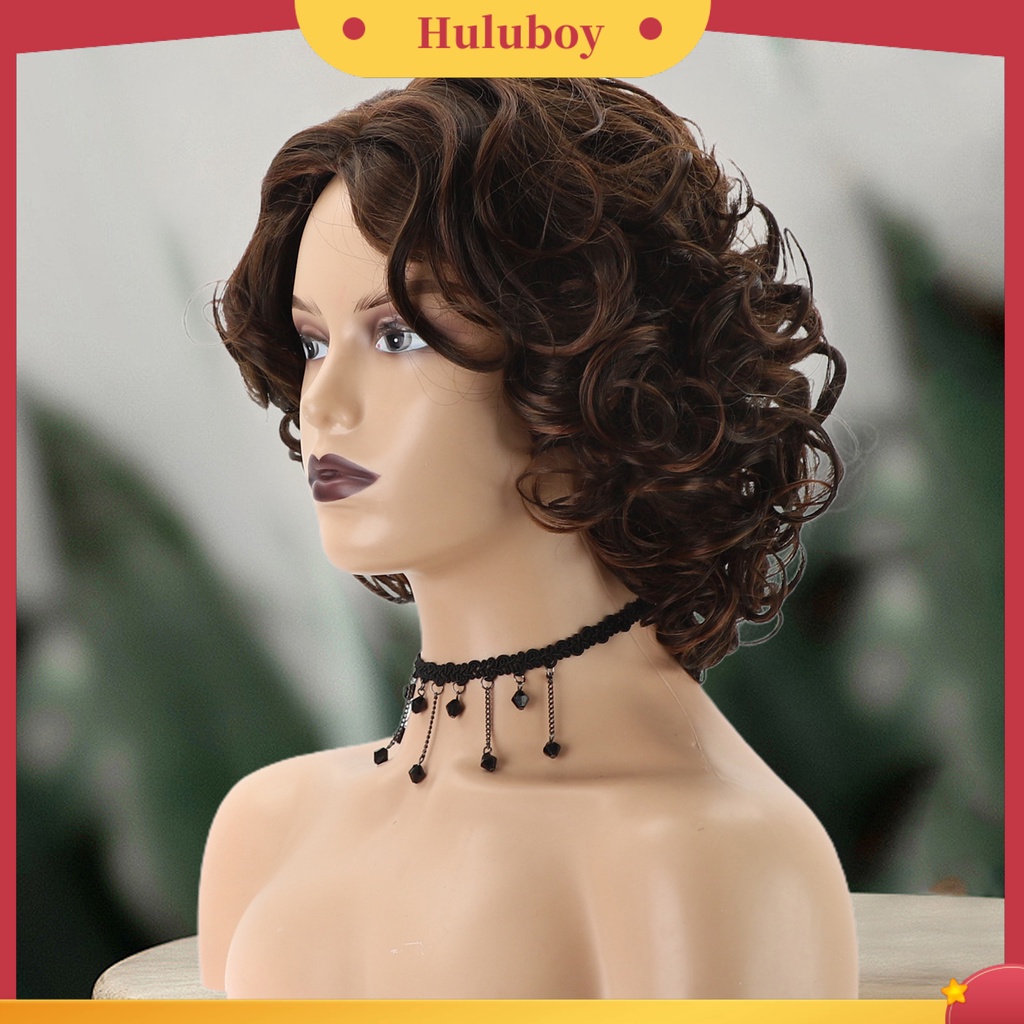 Wig Rambut Pendek Keriting Bahan Serat Kimia Warna Coklat Untuk Wanita