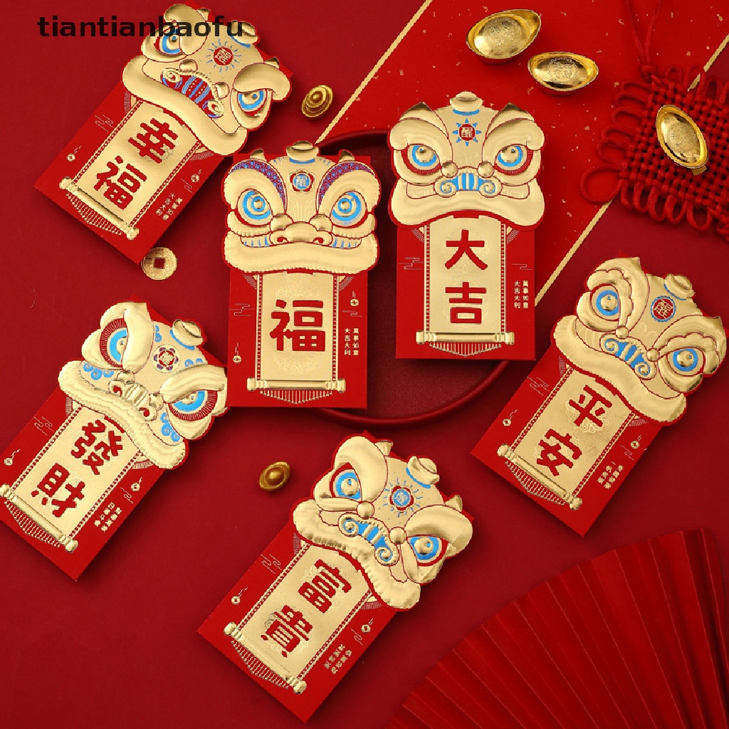 [tiantianbaofu] 6 Pcs 2023tahun Kelinci Kartun Uang Keberuntungan Lion Dance Amplop Merah Tiga Dimensi Bless Bag Festival Musim Semi Hongbao Butik