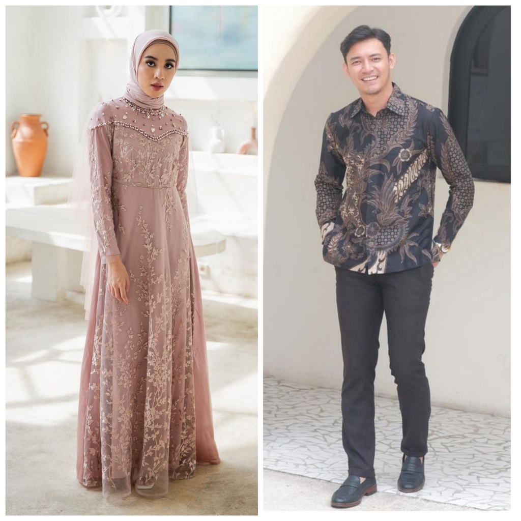 SHOPASHOP SOLO Batik Couple Dress Simple &amp; Elegan Kalista Payet mutiara mix tutu jaring &amp; kemeja batik pria Lengan panjang