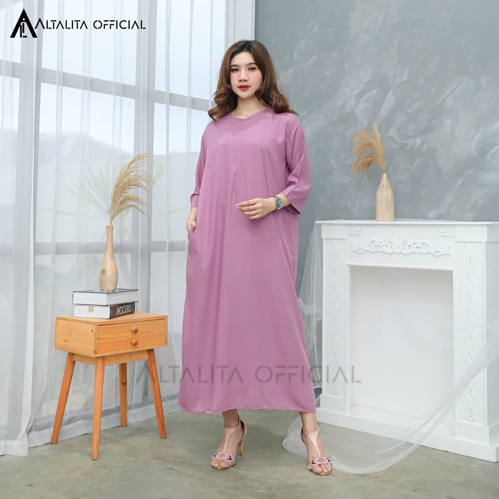 Altalita - Daster Semata Kaki Busui Polos Lengan Tangan Panjang 3/4 Terbaru Longdress Busui Daster Gamis Rayon Polos Jumbo LD 120 Homedress Rayon Polos Lengan Panjang Bahan Adem Halus Tebal Premium