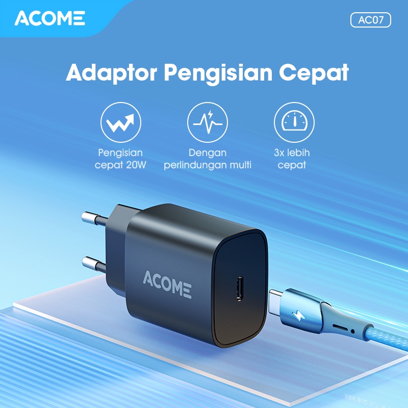 ACOME Bundling Hemat Charger 20W PD USB-C (AC07) + Kabel Data Type-C / Lightning Fast Charging (AD-C Series) Original - Garansi 1 Tahun