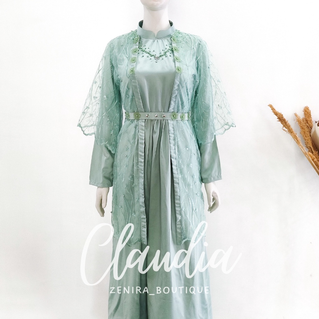 CLAUDIA GAUN pesta inner dan outer mewah full tulle bordir FREE BELT / baju kondangan / prewedding / bisa couple / wisuda / lamaran / gamis remaja