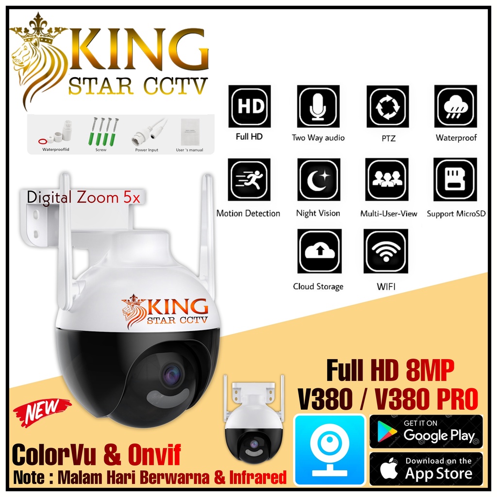 IP CAMERA CCTV WIFI SPEED DOME PTZ 8MP OUTDOOR FULL HD 1080P APP V380 MALAM BERWARNA