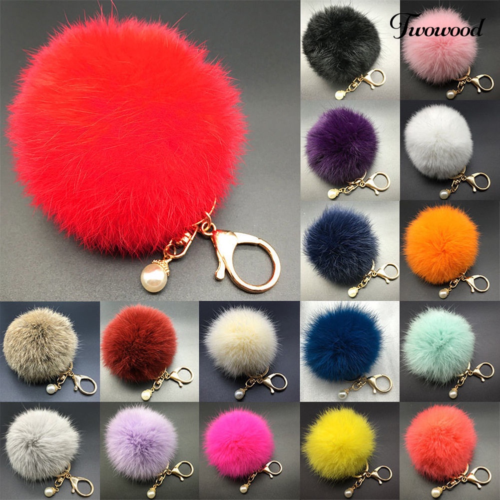 Twowood Fashion Faux Fur Fluffy Pompom Bola Mobil Liontin Handbag Pesona Gantungan Kunci Keyring