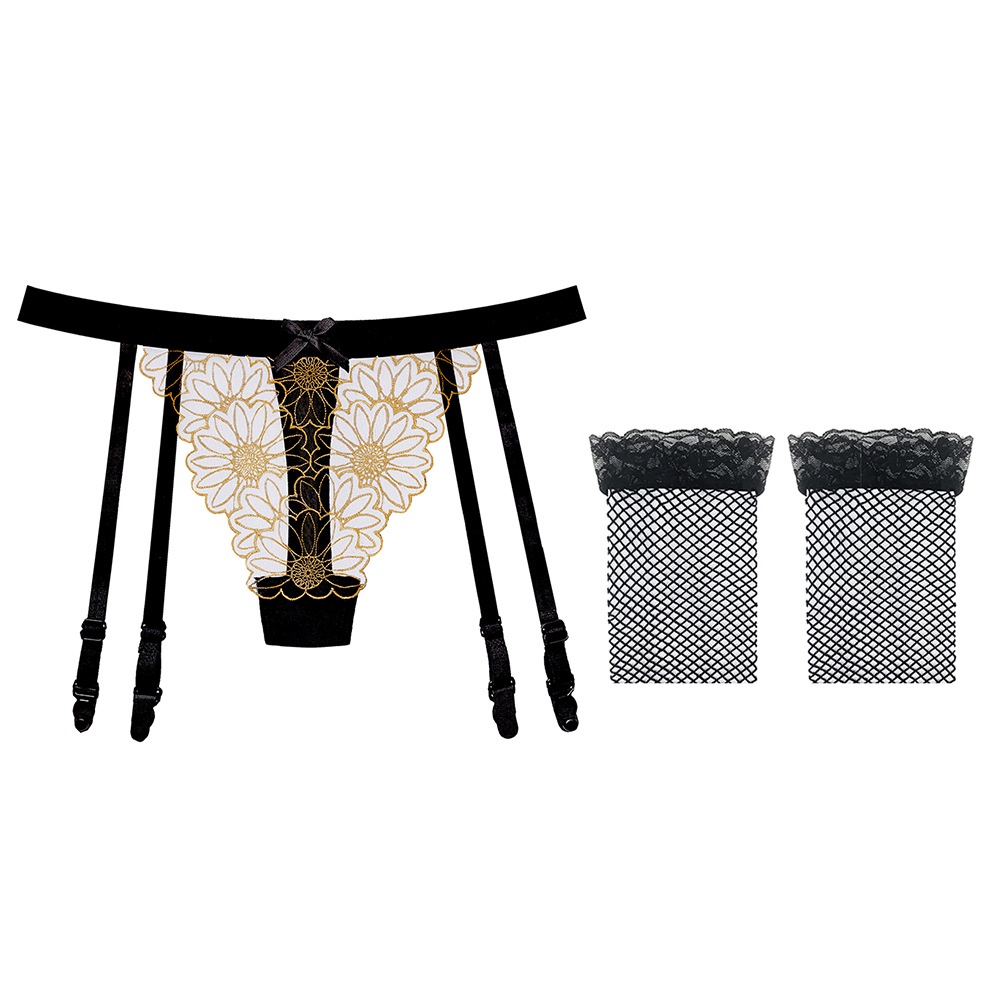 Lingerie Sexy Set Garter Belt Bordir Bungga G String Renda Lingerie Wanita T09