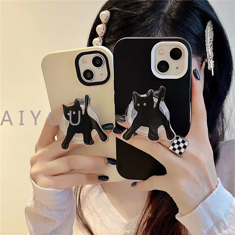 IPHONE Casing Ponsel Tahan Guncangan Bahan Silikon Cair 3in1 Untuk Iphone14 13 12 11 Pro Max XR XS Max Penutup Belakang Dengan Kucing Hitam Phone Holder Airbag Bracket