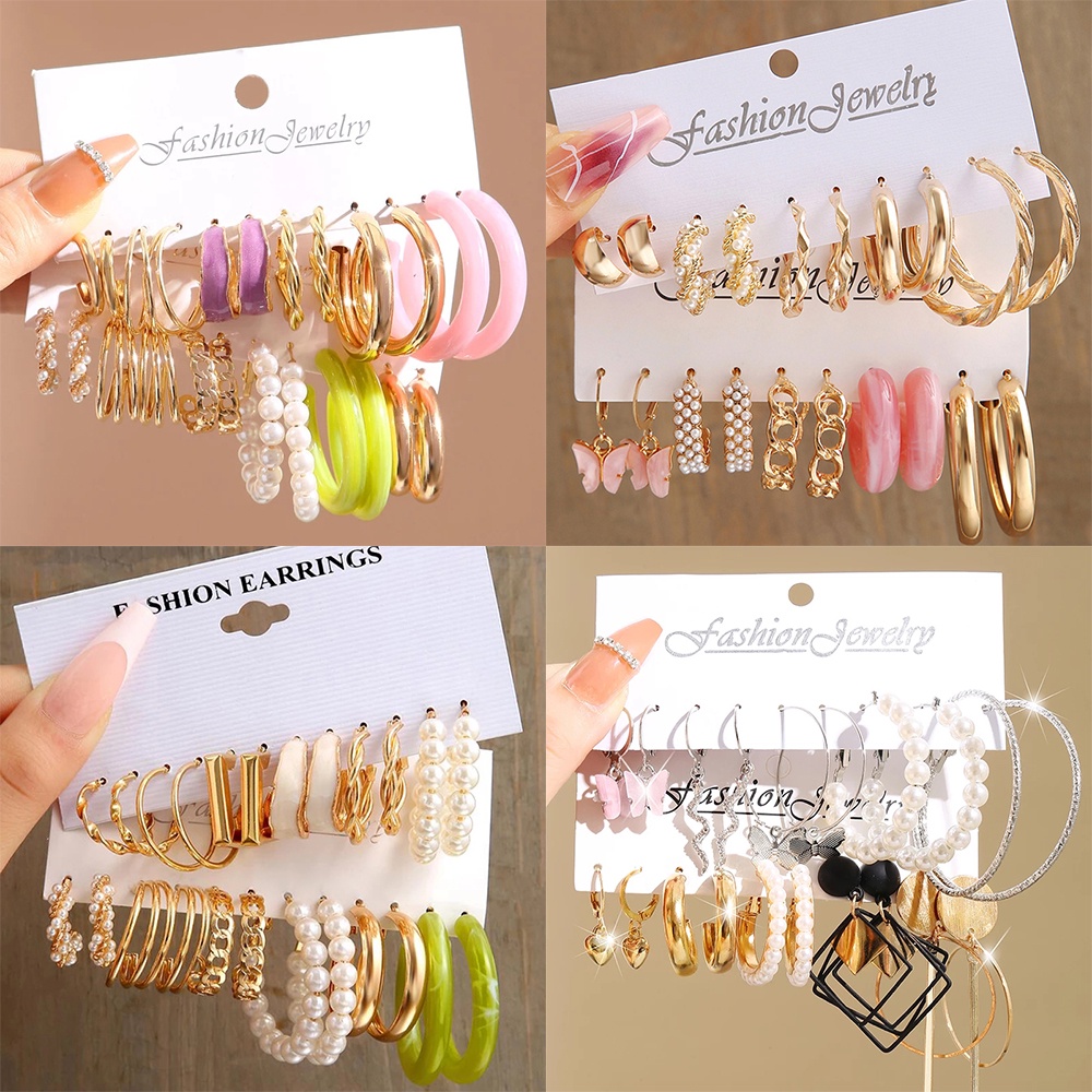 Fashion Emas Perak Mutiara Hoop Earrings Set Untuk Wanita Hypoallergenic Resin Kupu-Kupu Jantung Drop Earring Perhiasan Aksesoris