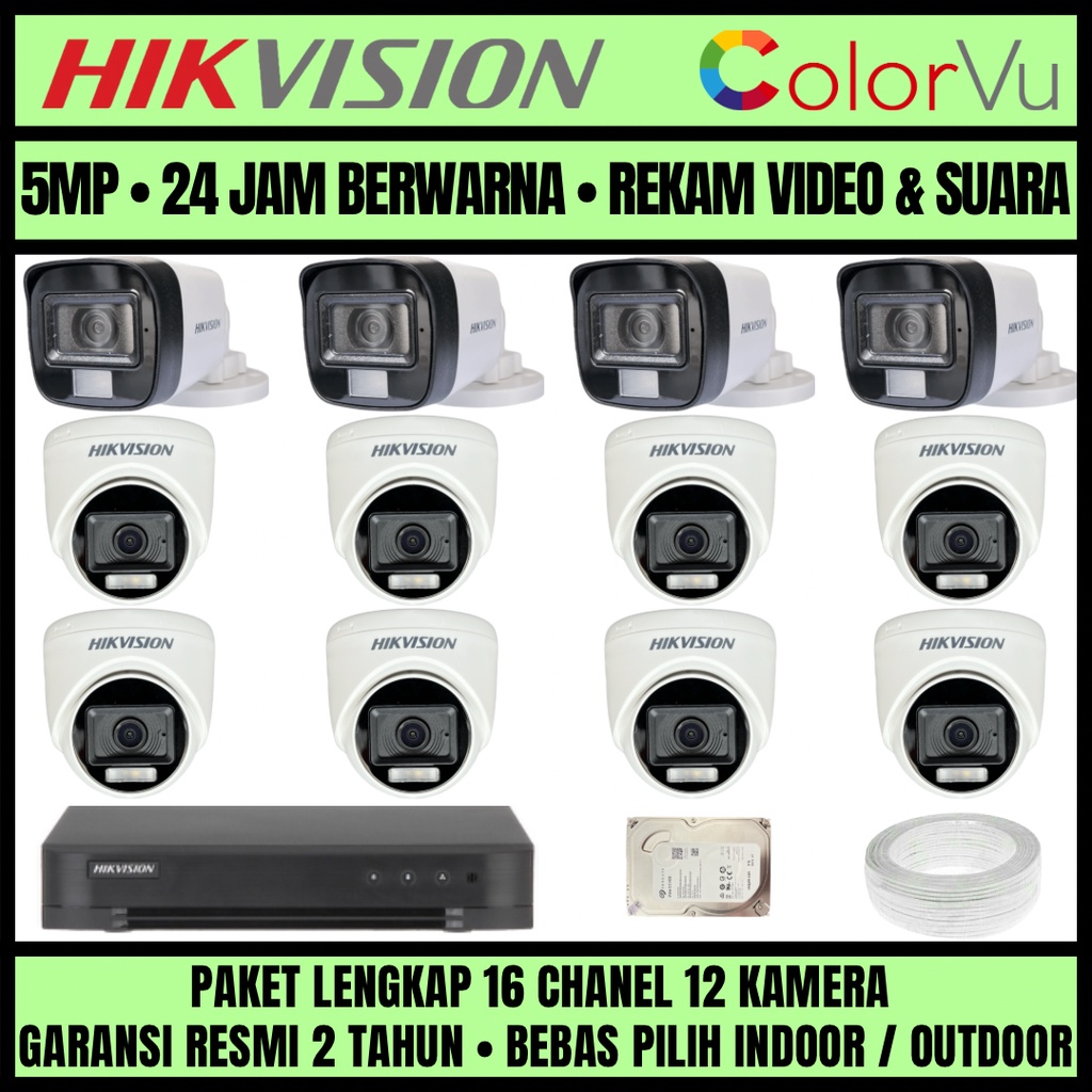 PAKET CCTV HIKVISION COLORVU 3K 5MP 16 CHANNEL 12 CAMERA KAMERA CCTV COLORFUL