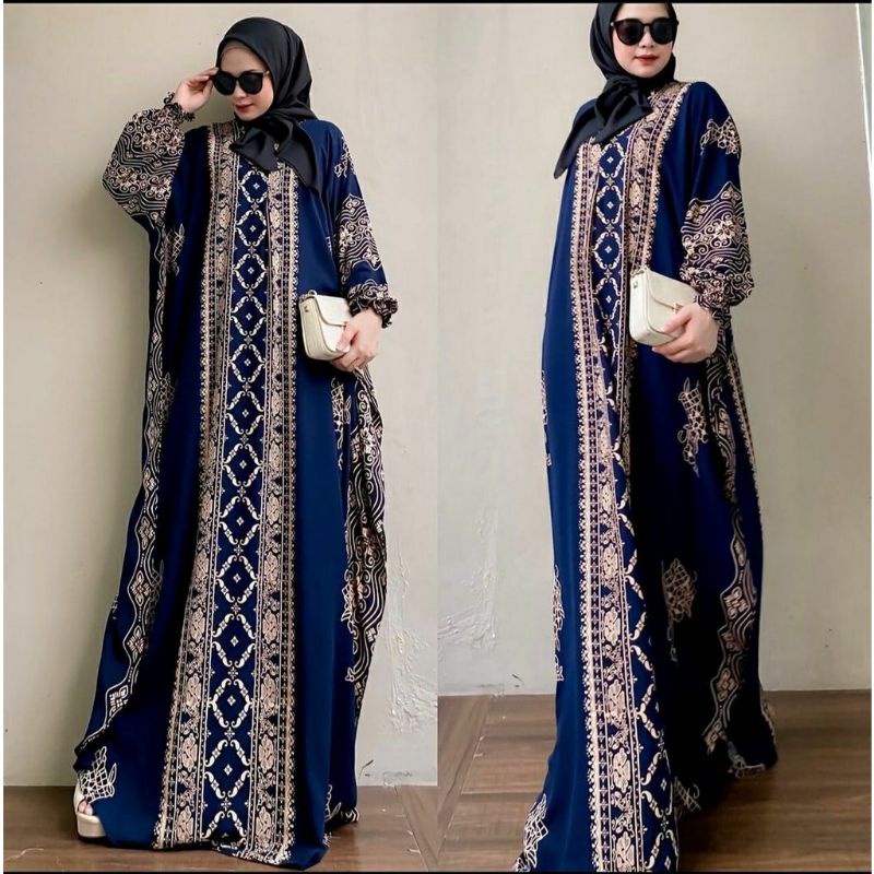 Kaftan Wanita - Daunda Kaftan Size Jumbo XXXXL Motif Daun Lengan Panjang Busui Resleting by Nadira_Fashion / Gamis Rayon Jumbo Kaftan Terbaru-Mozza navy