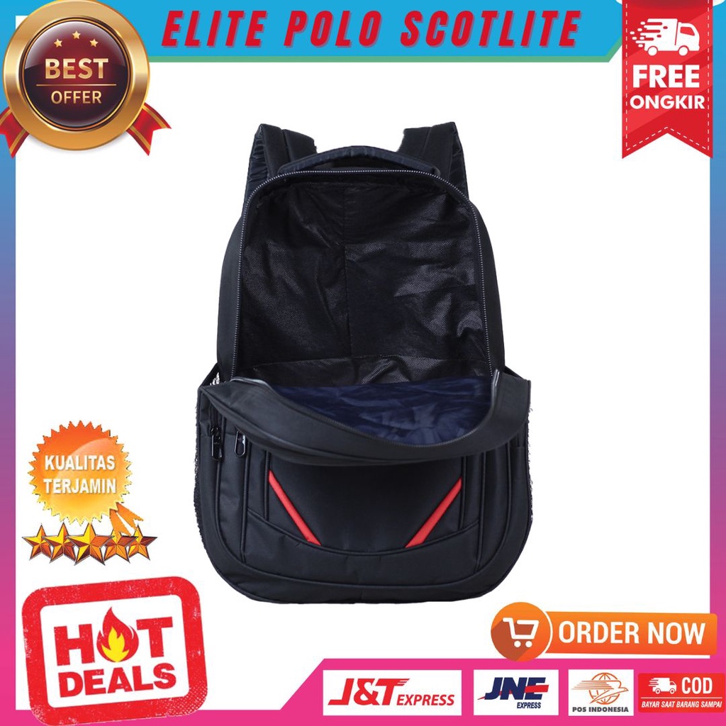 Backpack Sekolah Kerja Model Elite Polo Scotlite Ransel Bahan D300 Murah Free Raincover Tas Punggung Laptop Warna Hitam List Merah