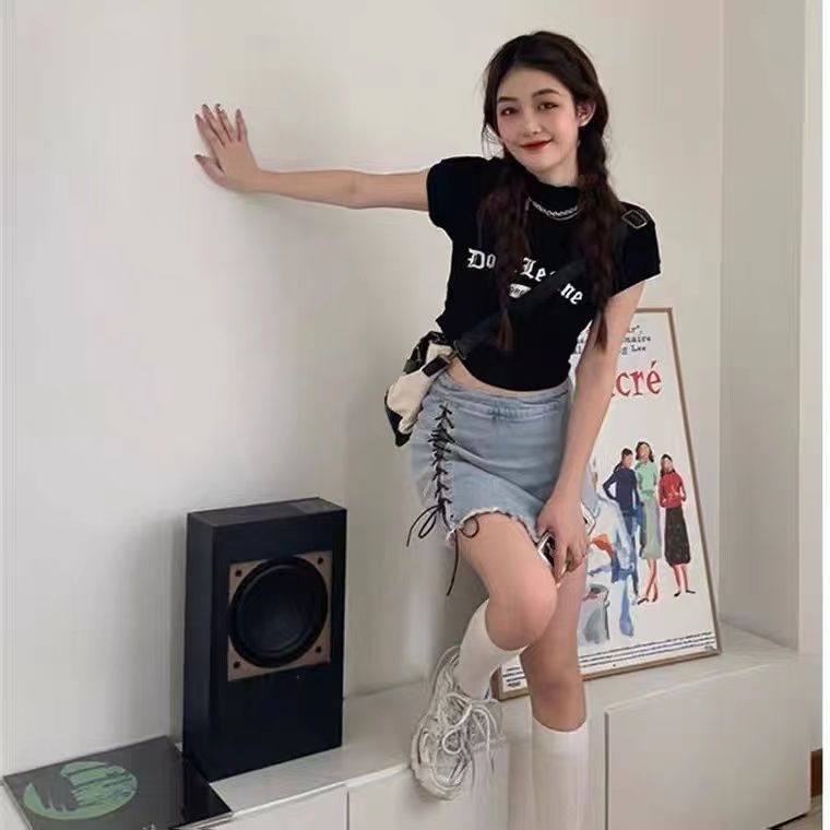 ☞✖✿Suhao Tren Fashion Berleher Tinggi Lengan Pendek T-shirt Wanita Musim Panas 2022 Gaya Bm Baru Slim Slim Pendek Panas gadis Top