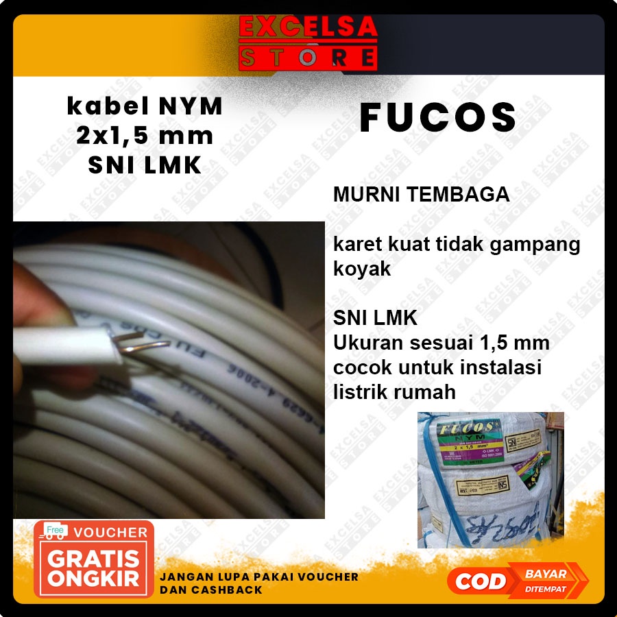 kabel NYM 2x1,5 / 2*1,5 SNI LMK EXTRANA FUCOS ETERNA SUPREME TEMBAGA