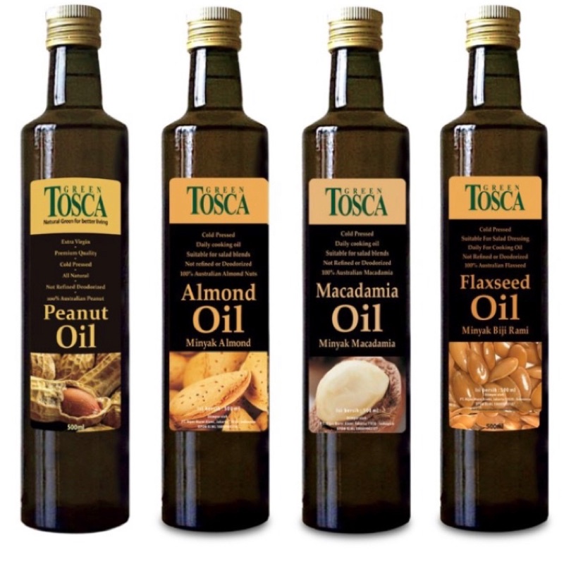 

Green Tosca Cold Pressed Oil 500ml / Minyak / Green / Tosca / Oil / 500ml / Cold Pressed / Macadamia / Flaxseed / Almond / Peanut