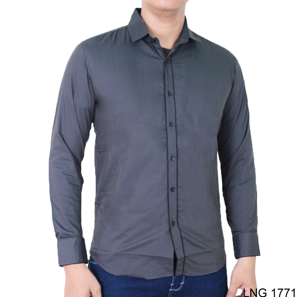 Kemeja Slim Fit Lengan Panjang Polos Katun Hijau LNG 1764