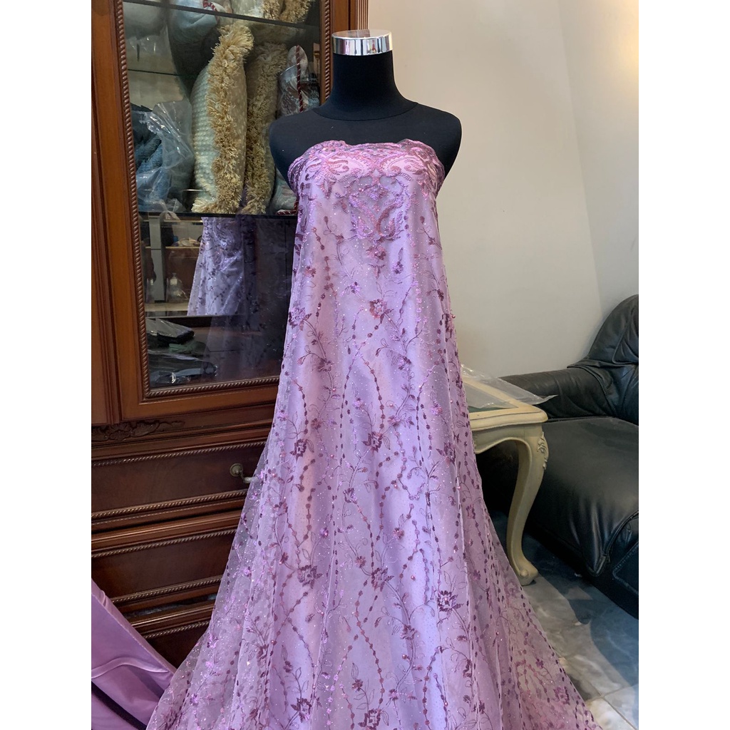 Bahan Kebaya Brokat Tile Bordir Mutiara Glitter Rosemary warna Light Lilac