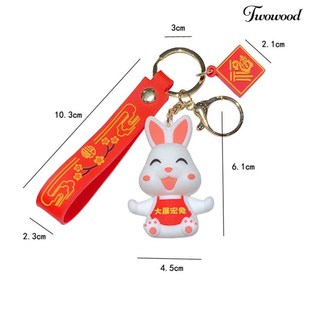 Twowood Rabbit Key Chain New Year Zodiak Maskot Harapan Terbaik Merah Hias Motif Bunga Tas Sekolah Bunny Key Pendant Hadiah