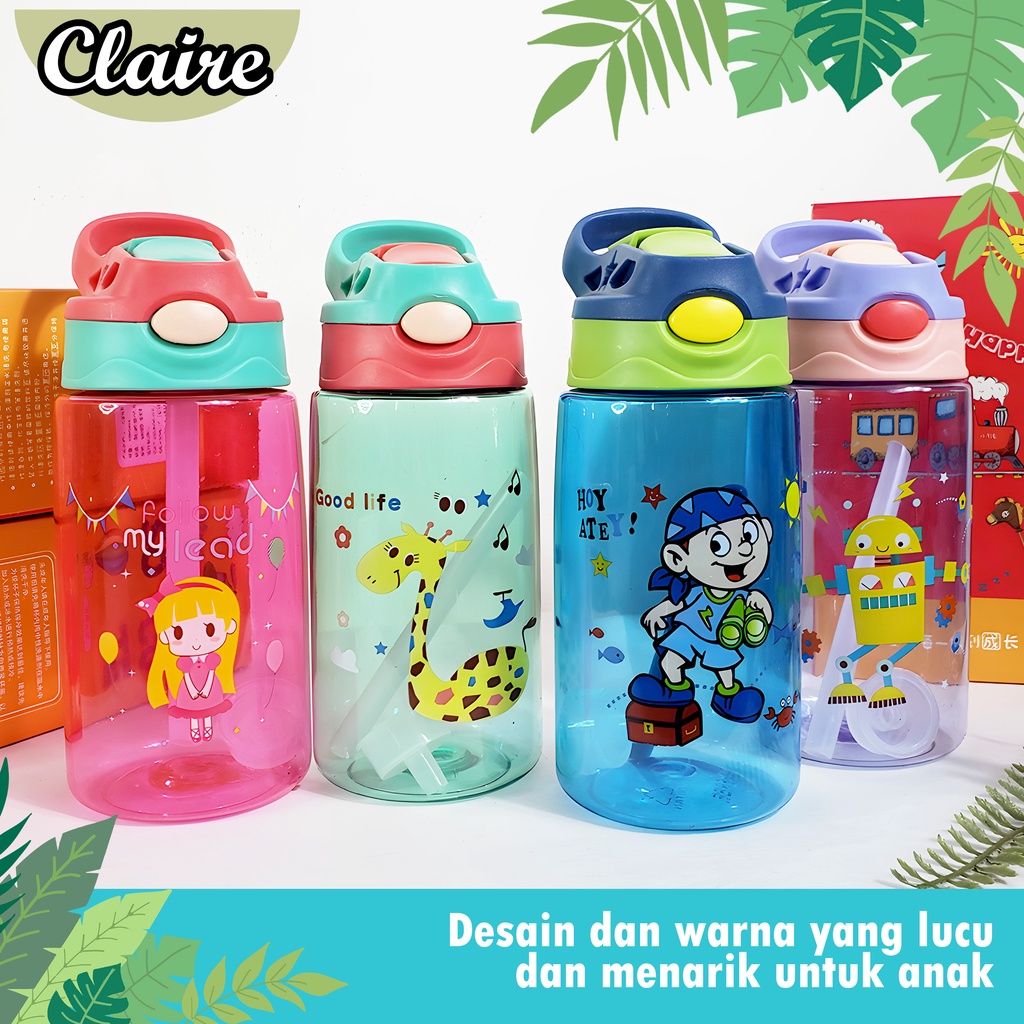 Botol Air Minum 480 ml / Botol Minum Anak Lucu Motif Karakter Imut dengan Sedotan BPA FREE