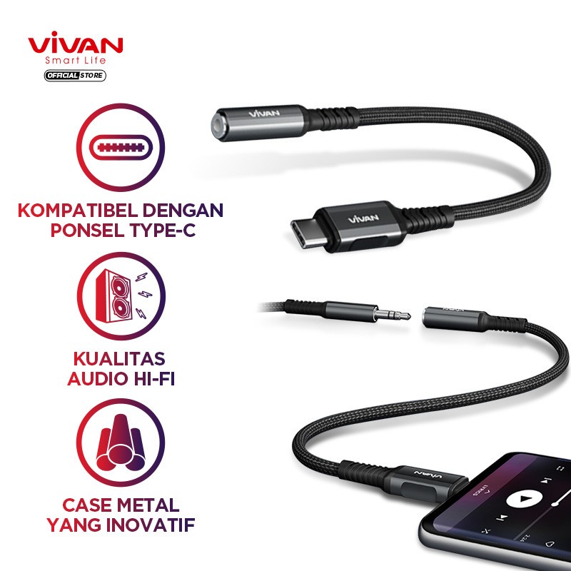 VIVAN Kabel Converter Type C to Jack AUX 3.5mm VAC01 Audio All in One-