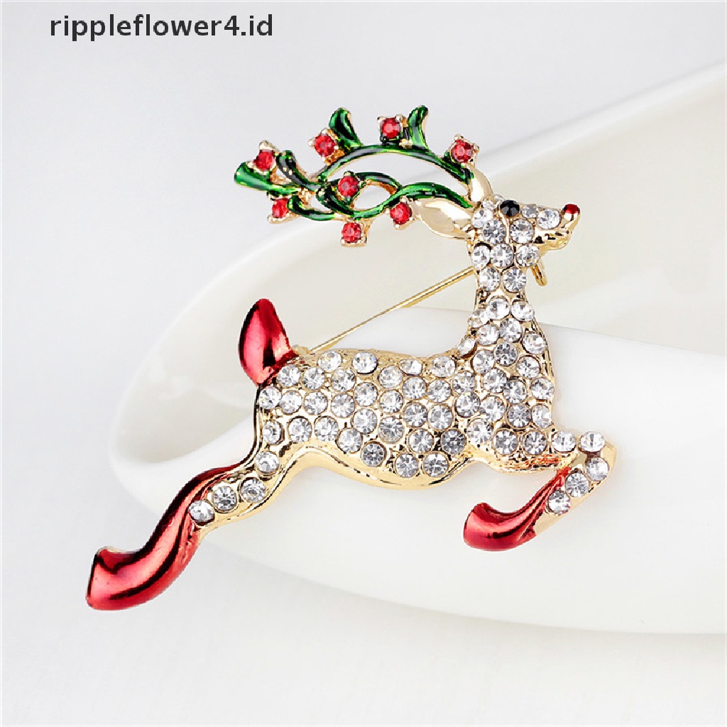 {rippleflower4.id} 1x Berlian Imitasi Baru Kristal Natal Rusa Bros Pin Bros Xmas Hadiah Nada Emas~