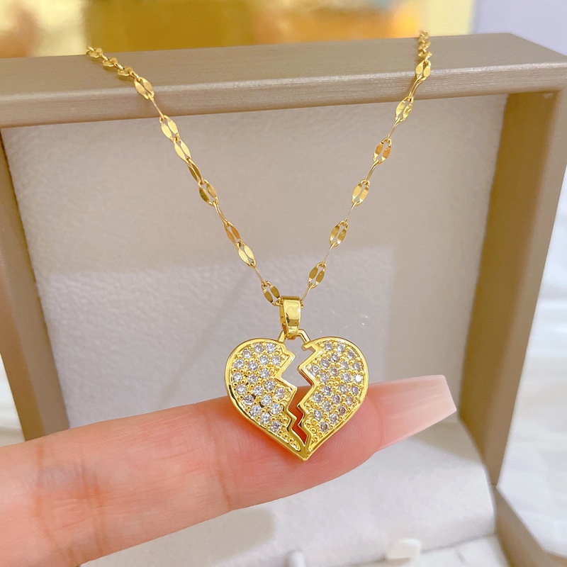 Titanium Steel Lapis Emas 18 K Cubic Zirconia Berlian Patah Hati Liontin Kalung Non Tarnish Gold Kalung Untuk Wanita Tahan Air Emas Liontin Kalung Hypoallergenic Aksesoris