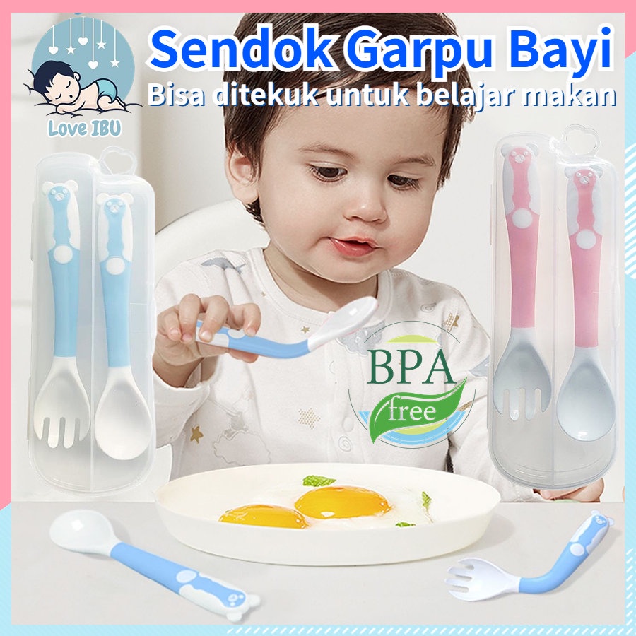 Sendok Bayi / Set Sendok Garpu Bengkok Bahan Silikon Set Sendok Garpu BPA FREE  Safety Spoon Baby Alat Makan Bayi Sendok Bisa Ditekuk