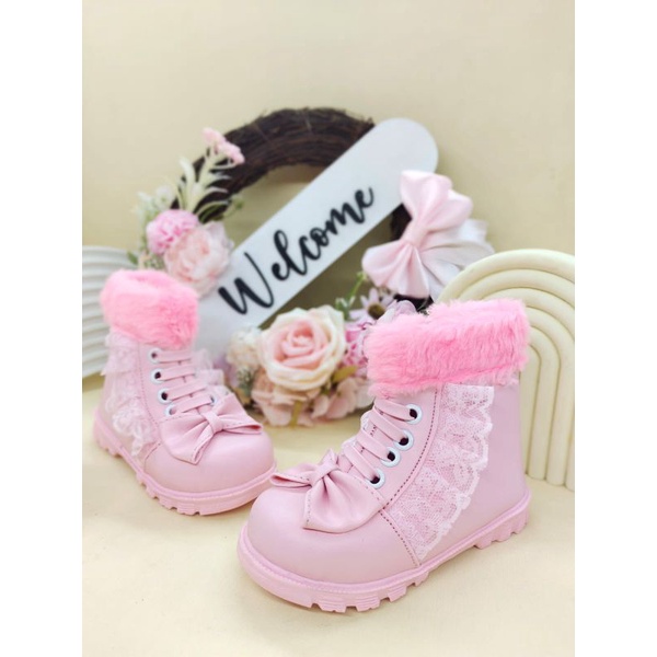 Sepatu anak perempuan/Boot pita Lylac/pink/White