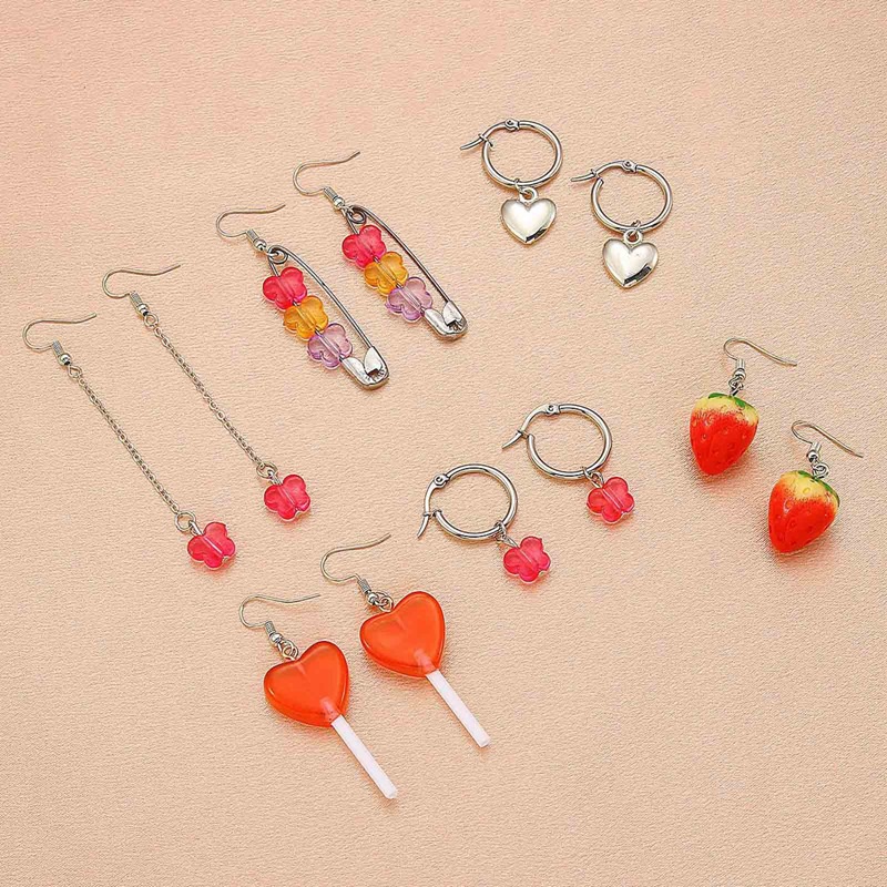 6pasang/set Harajuku Lucu Resin Peach Hati Strawberry Butterfly Earrings