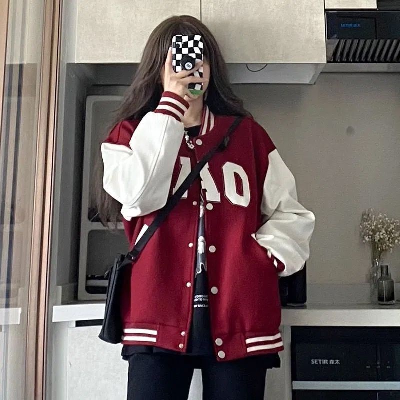 2022 American Retro Bisbol Seragam Siswa Perempuan Musim Gugur Vintage Longgar Jaket Jaket Merah