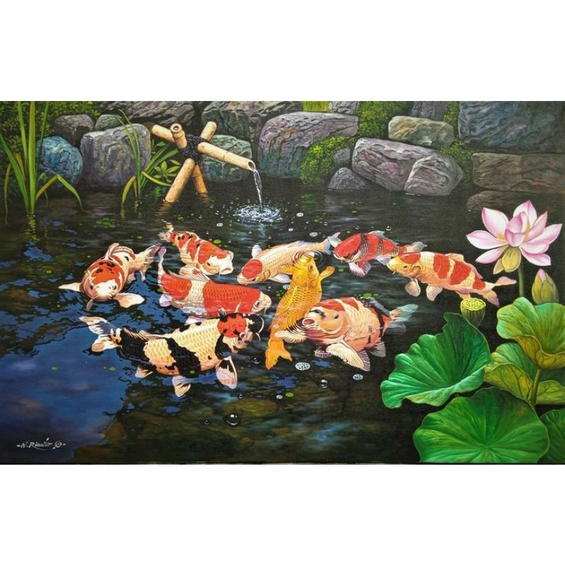 bingkai foto hiasan dinding lukisan cetak ikan koi kincir bambu plus bingkai ukuran 105×55