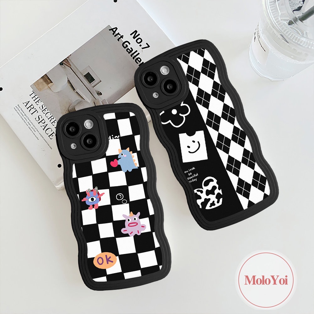 IPHONE Case Monster Kecil Kompatibel Untuk Iphone11 14 13 12 Pro Max 6 6s 8 7 Plus 14 Plus XR X XS Max SE 2020 Wavy Edge Kartun Diamond Grid Papan Catur Soft TPU Cover