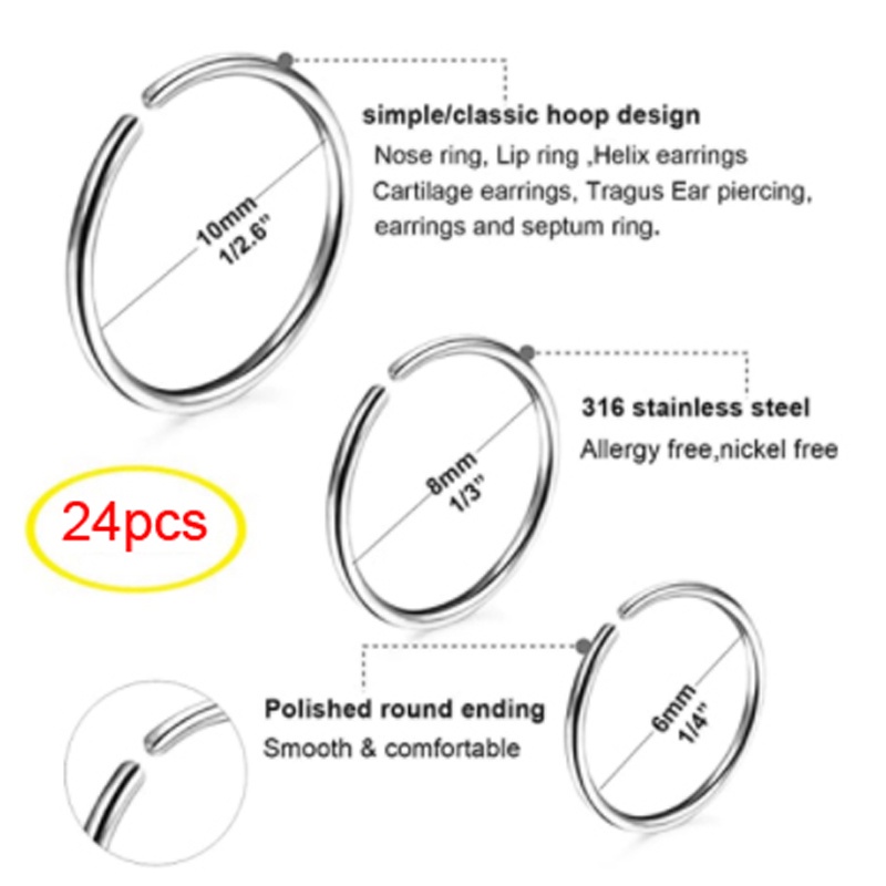 24pcs 20G Stainless Steel Septum Hidung Cincin Hidung Tindik Hidung Bulat Septum Piercing Hoop Clicker Cartilage Earrings