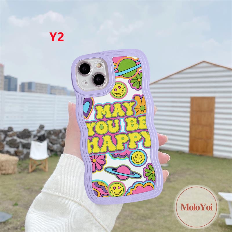 IPHONE Casing Case Compatible Untuk Iphone6 6s 78 Plus 11 13 12 14 Pro Max XR X XS Max14 Plus 7Plus 8Plus SE 2020 Wavy Edge Casetify Warna Warni Rainbow Smile Wish You a Happy Label Soft TPU Cover